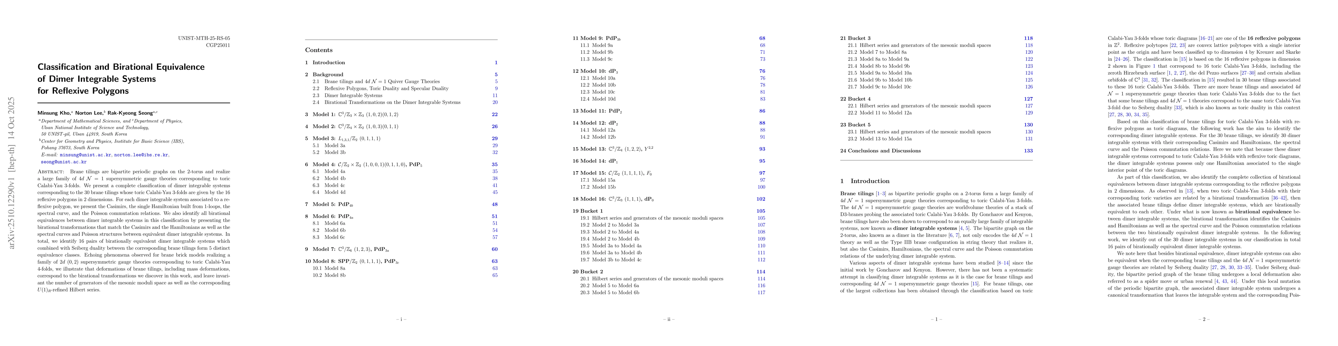 Thumbnail for Classification and Birational Equivalence of Dimer Integrable Systems
  for Reflexive Polygons