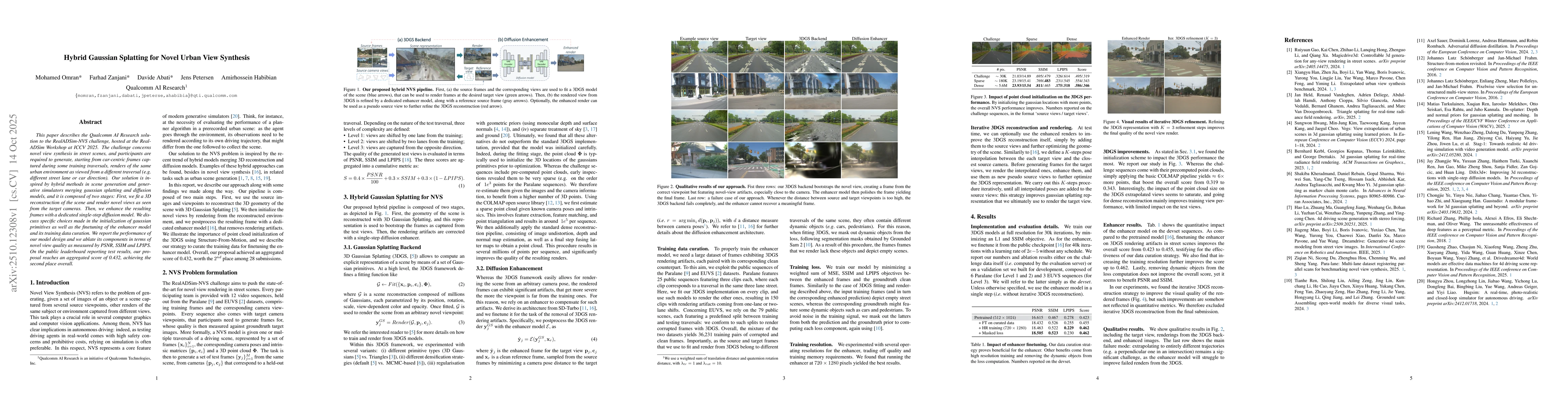 Thumbnail for Hybrid Gaussian Splatting for Novel Urban View Synthesis