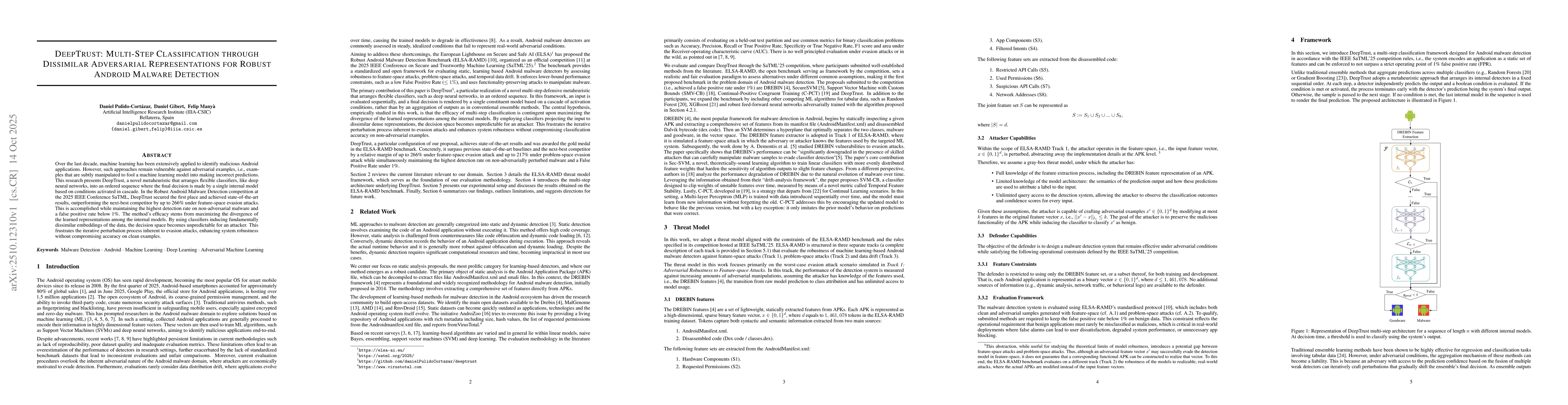 Thumbnail for DeepTrust: Multi-Step Classification through Dissimilar Adversarial
  Representations for Robust Android Malware Detection