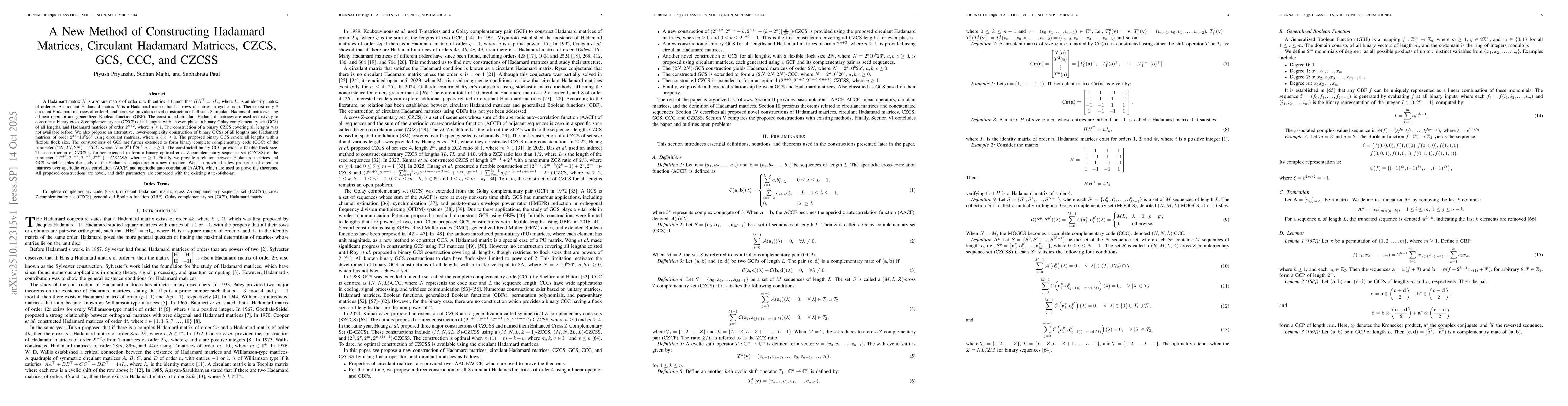 Thumbnail for A New Method of Constructing Hadamard Matrices, Circulant Hadamard
  Matrices, CZCS, GCS, CCC, and CZCSS