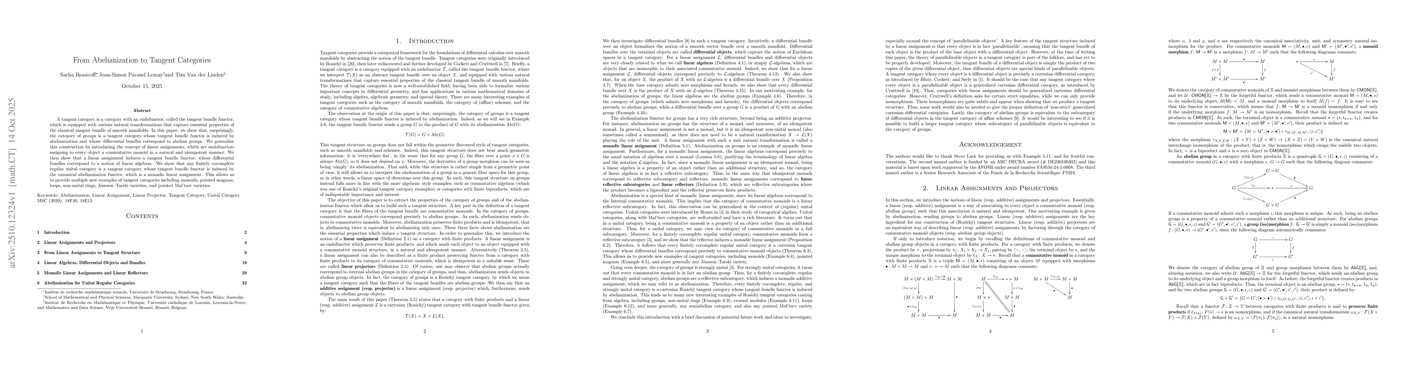 Thumbnail for From Abelianization to Tangent Categories