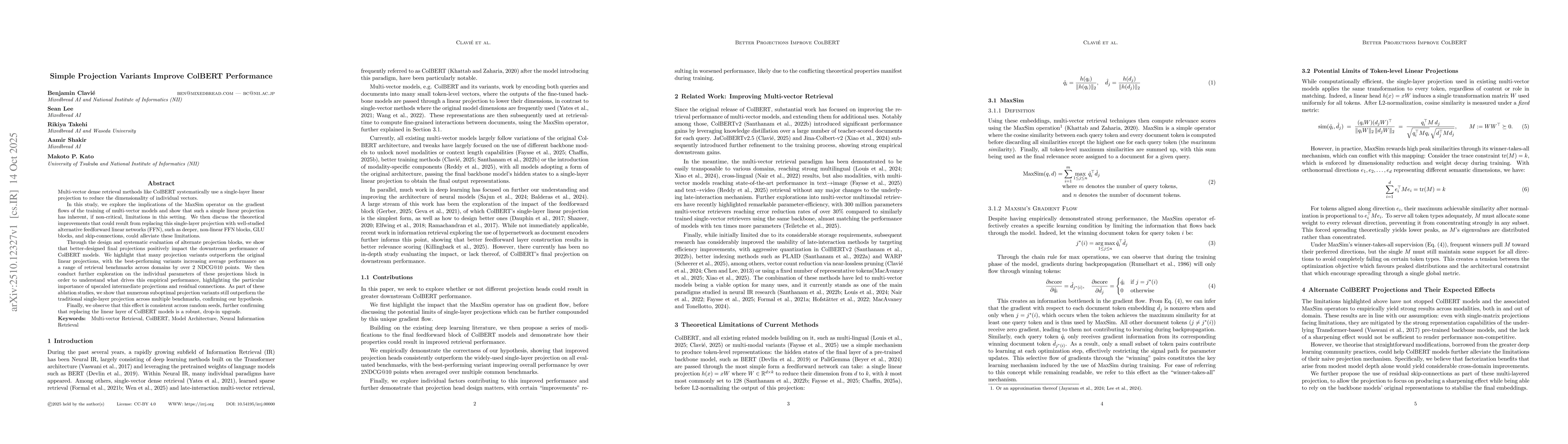 Thumbnail for Simple Projection Variants Improve ColBERT Performance