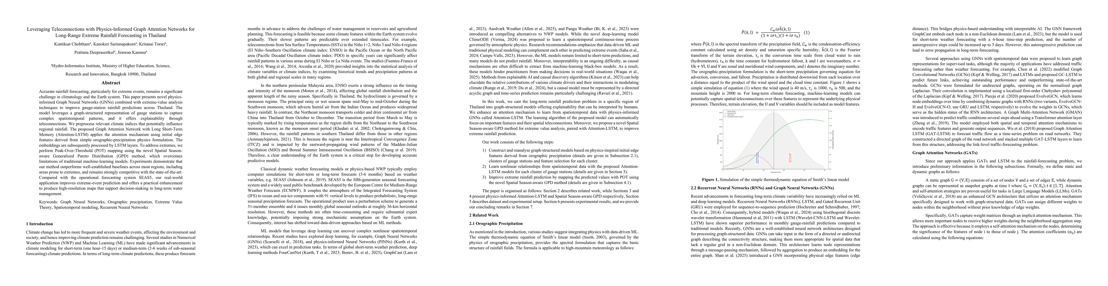 Thumbnail for Leveraging Teleconnections with Physics-Informed Graph Attention
  Networks for Long-Range Extreme Rainfall Forecasting in Thailand