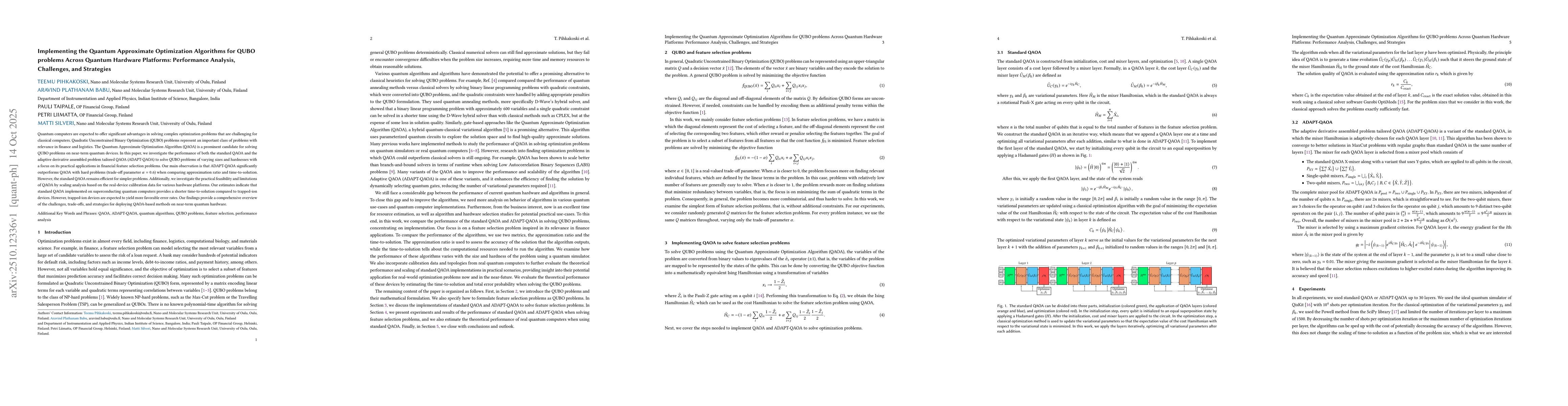 Thumbnail for Implementing the Quantum Approximate Optimization Algorithms for QUBO
  problems Across Quantum Hardware Platforms: Performance Analysis, Challenges,
  and Strategies