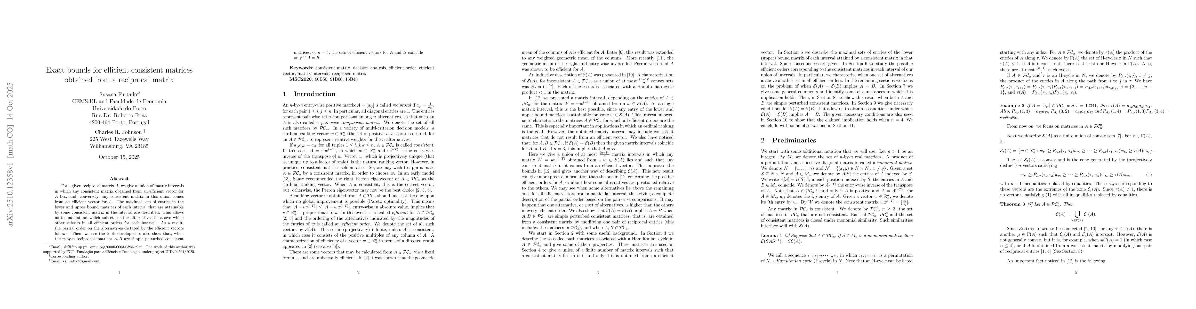 Thumbnail for Exact bounds for efficient consistent matrices obtained from a
  reciprocal matrix
