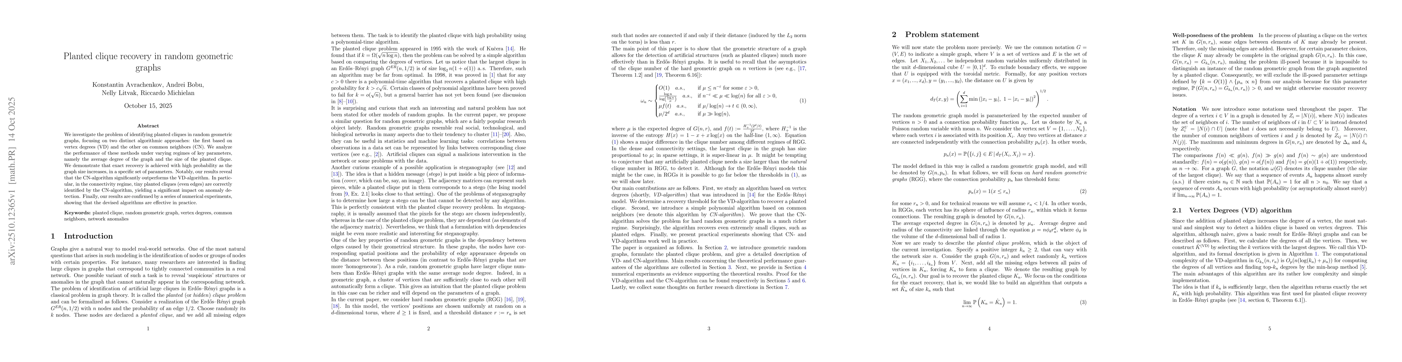 Thumbnail for Planted clique recovery in random geometric graphs