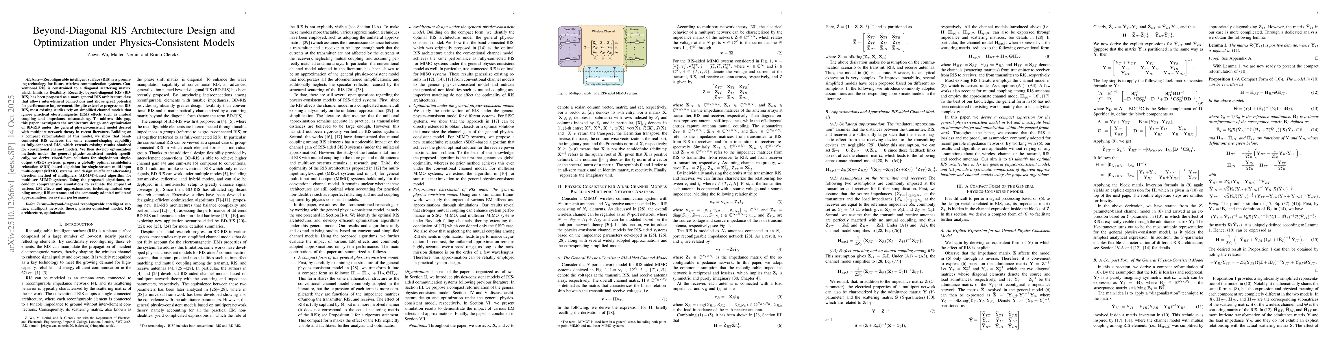 Thumbnail for Beyond-Diagonal RIS Architecture Design and Optimization under
  Physics-Consistent Models