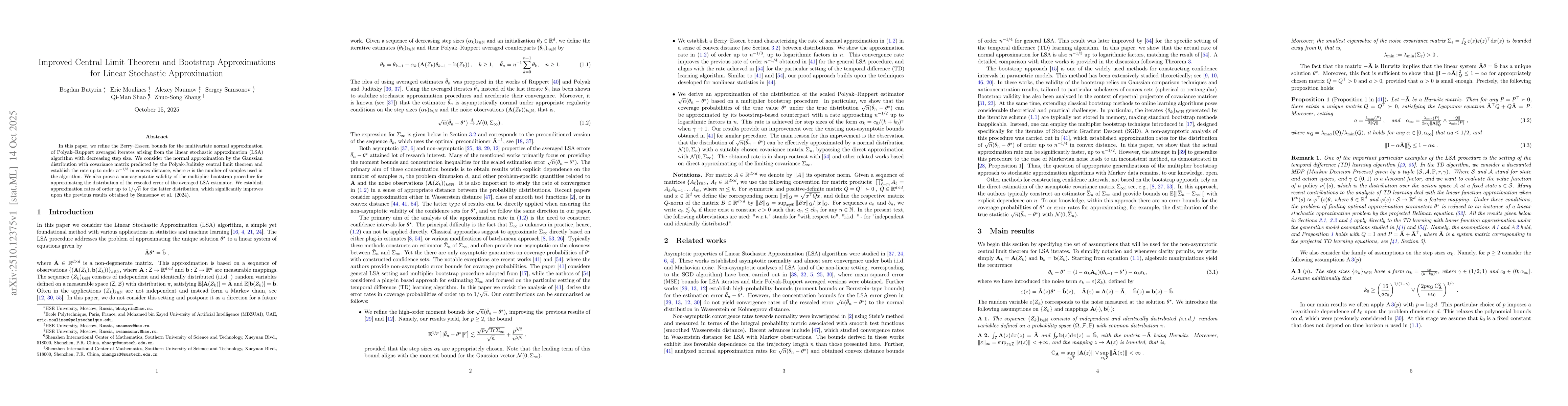 Thumbnail for Improved Central Limit Theorem and Bootstrap Approximations for Linear
  Stochastic Approximation