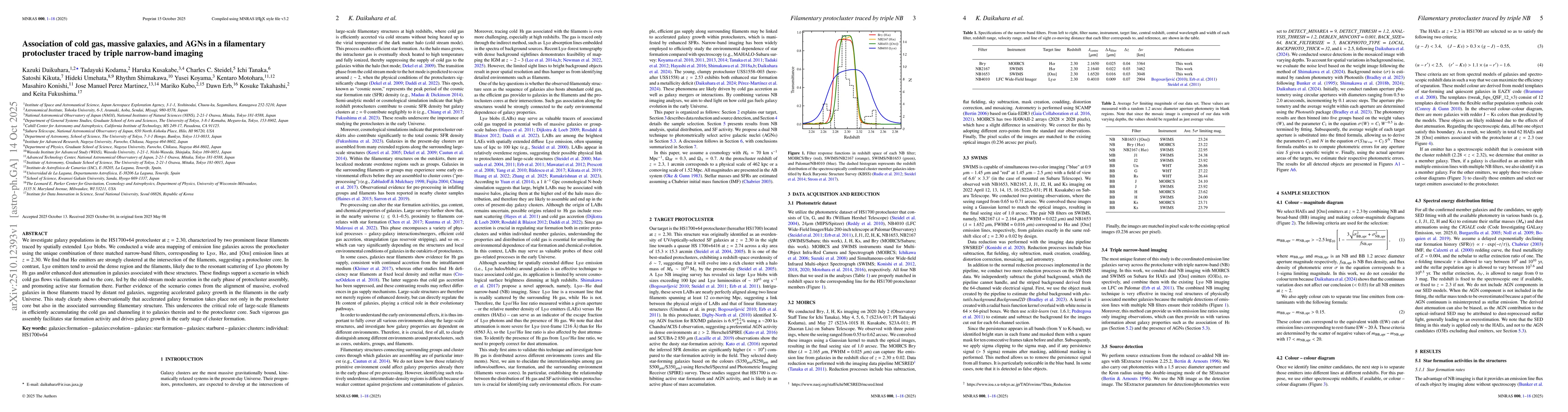 Thumbnail for Association of cold gas, massive galaxies, and AGNs in a filamentary
  protocluster traced by triple narrow-band imaging