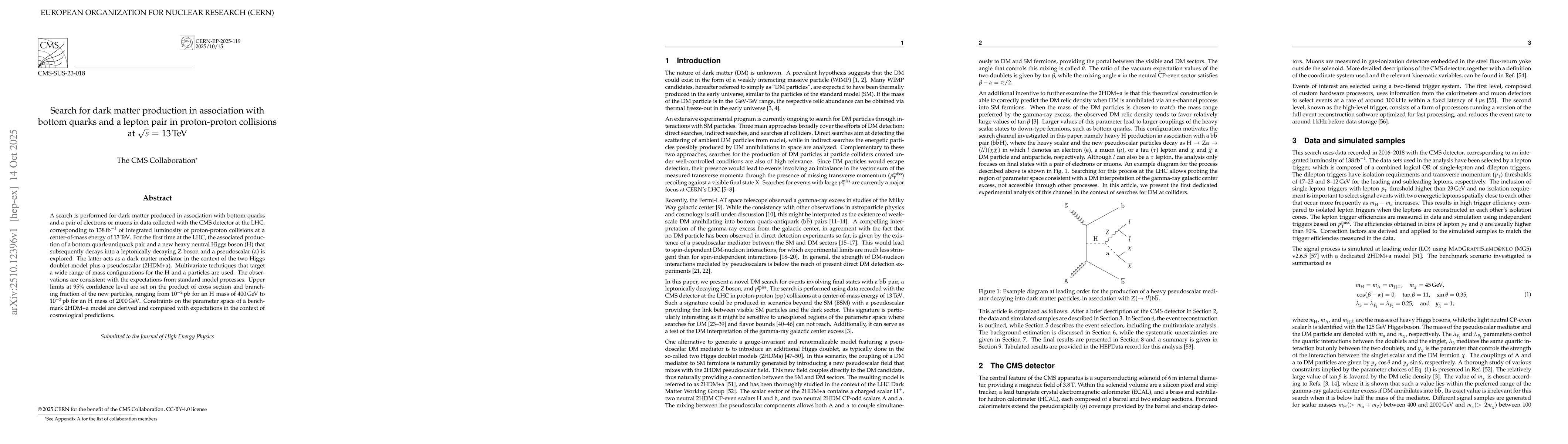 Thumbnail for Search for dark matter production in association with bottom quarks and
  a lepton pair in proton-proton collisions at $\sqrt{s}$ = 13 TeV