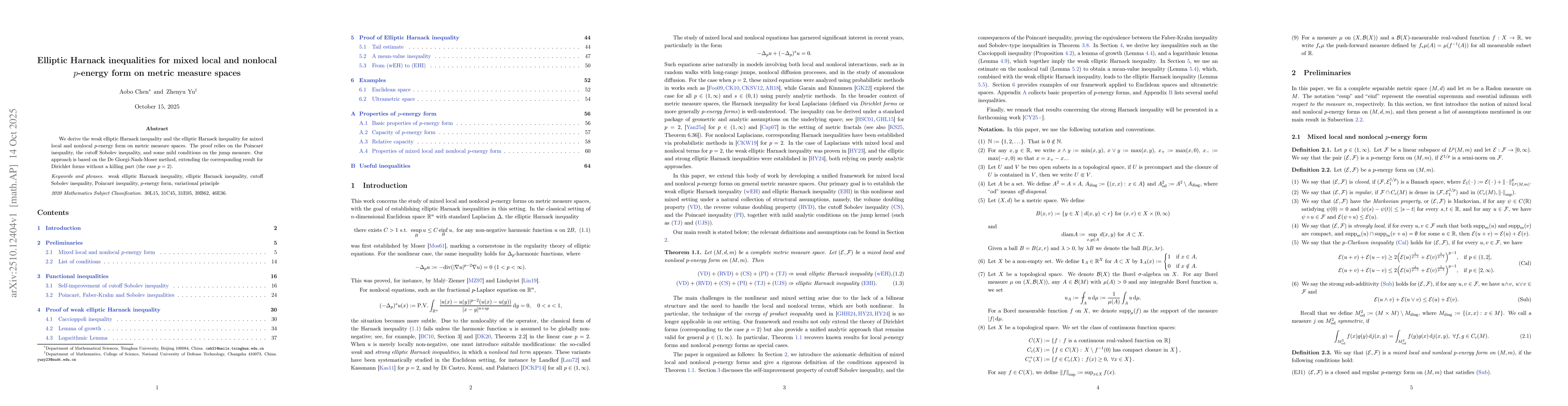 Thumbnail for Elliptic Harnack inequalities for mixed local and nonlocal $p$-energy
  form on metric measure spaces