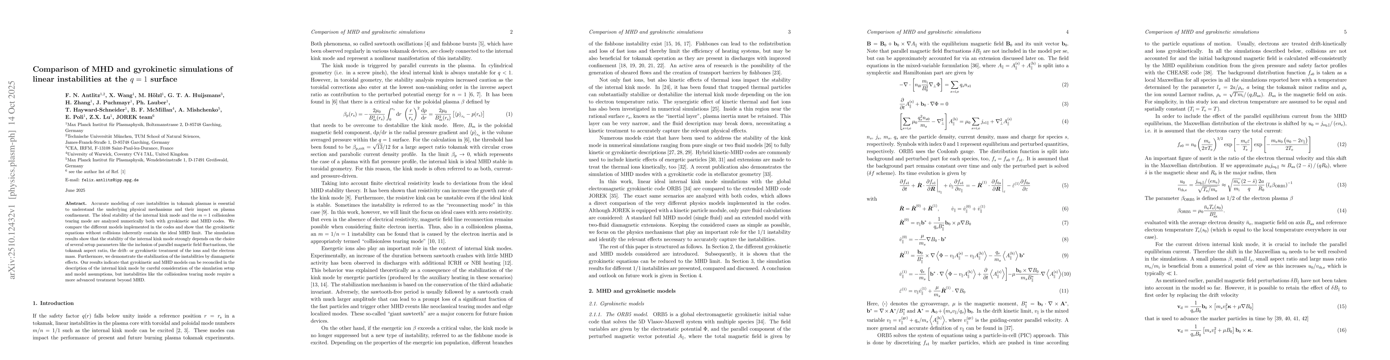 Thumbnail for Comparison of MHD and gyrokinetic simulations of linear instabilities at
  the q = 1 surface
