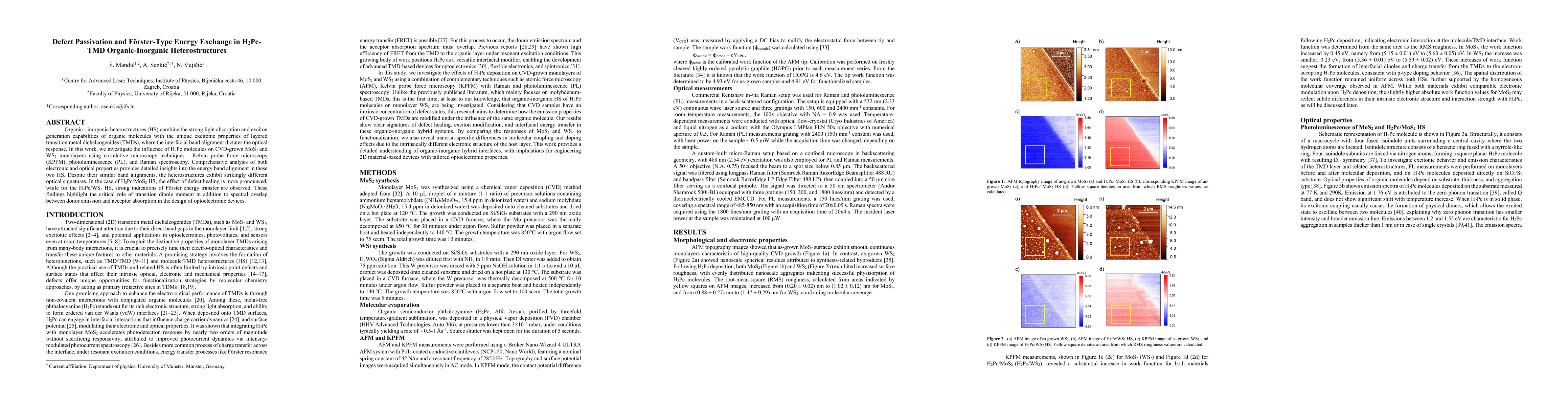 Thumbnail for Defect Passivation and Förster-Type Energy Exchange in H2Pc-TMD
  Organic-Inorganic Heterostructures