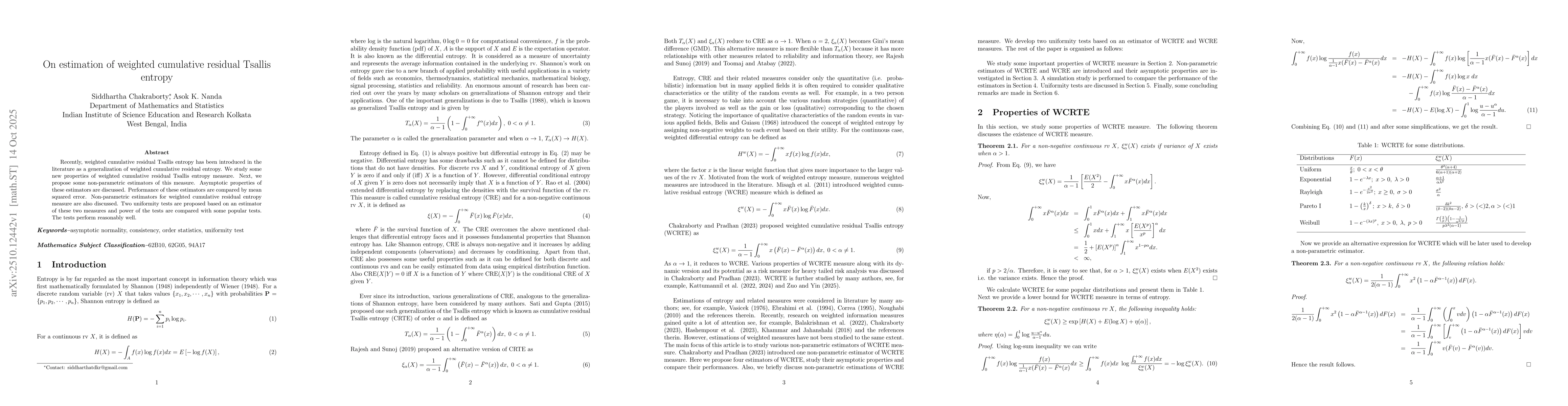 Thumbnail for On estimation of weighted cumulative residual Tsallis entropy