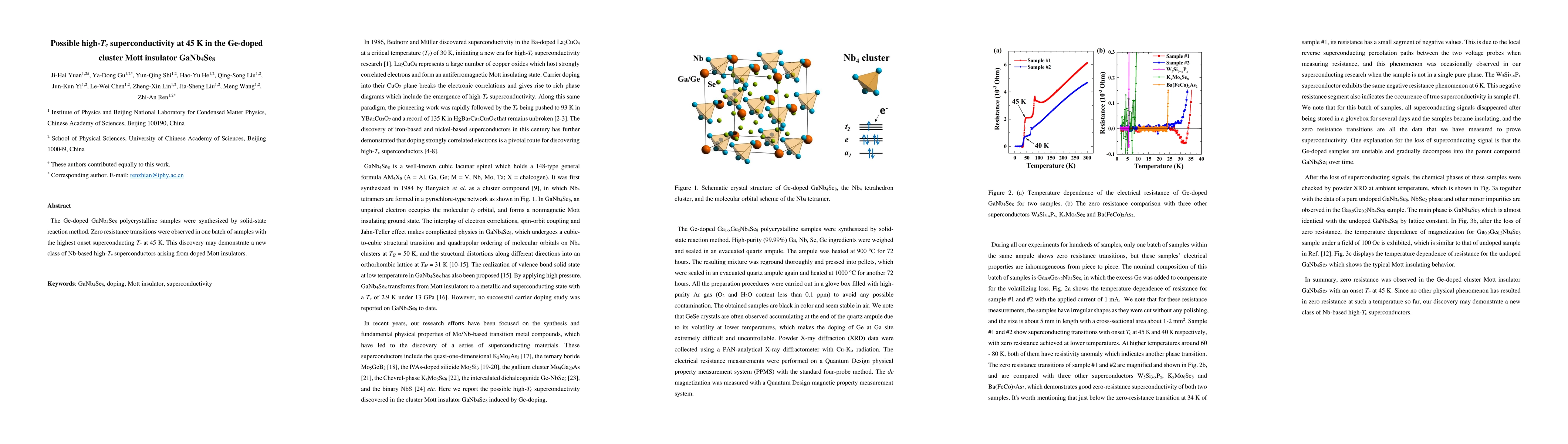 Thumbnail for Possible high-Tc superconductivity at 45 K in the Ge-doped cluster Mott
  insulator GaNb4Se8