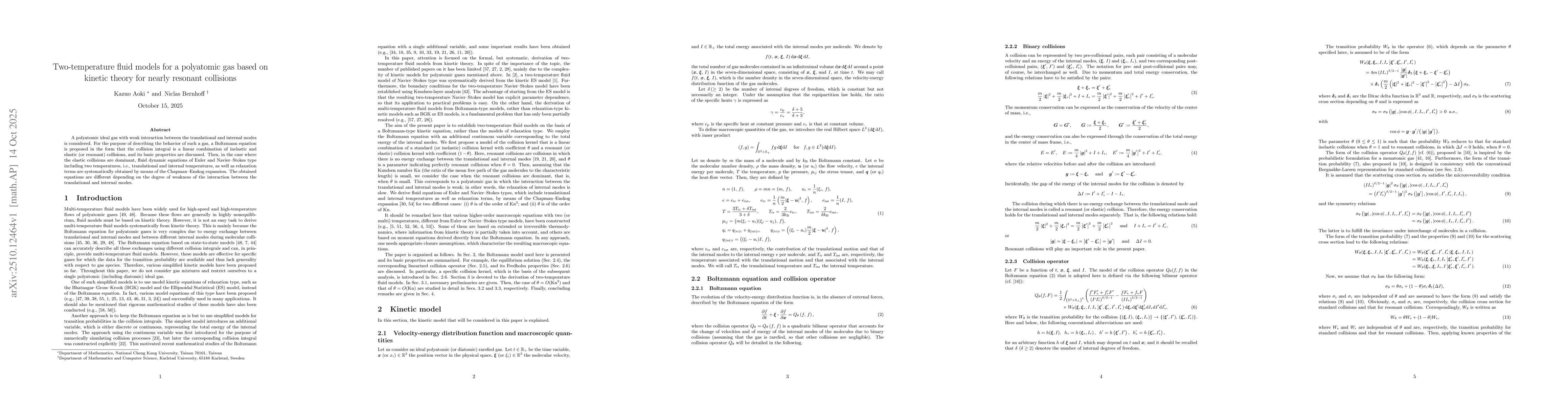 Thumbnail for Two-temperature fluid models for a polyatomic gas based on kinetic
  theory for nearly resonant collisions