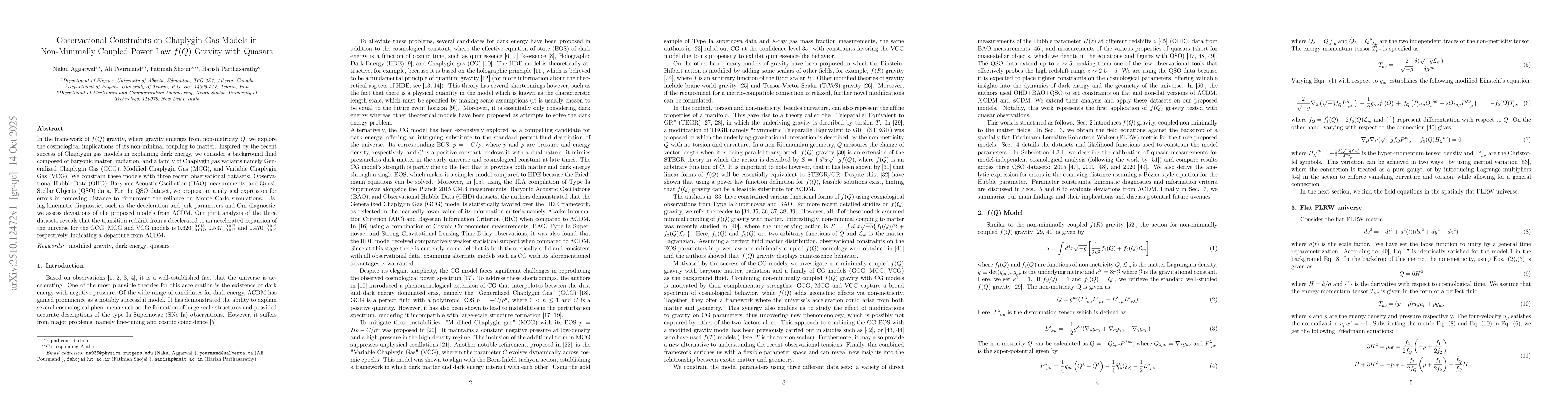 Thumbnail for Observational Constraints on Chaplygin Gas Models in Non-Minimally
  Coupled Power Law $f(Q)$ Gravity with Quasars