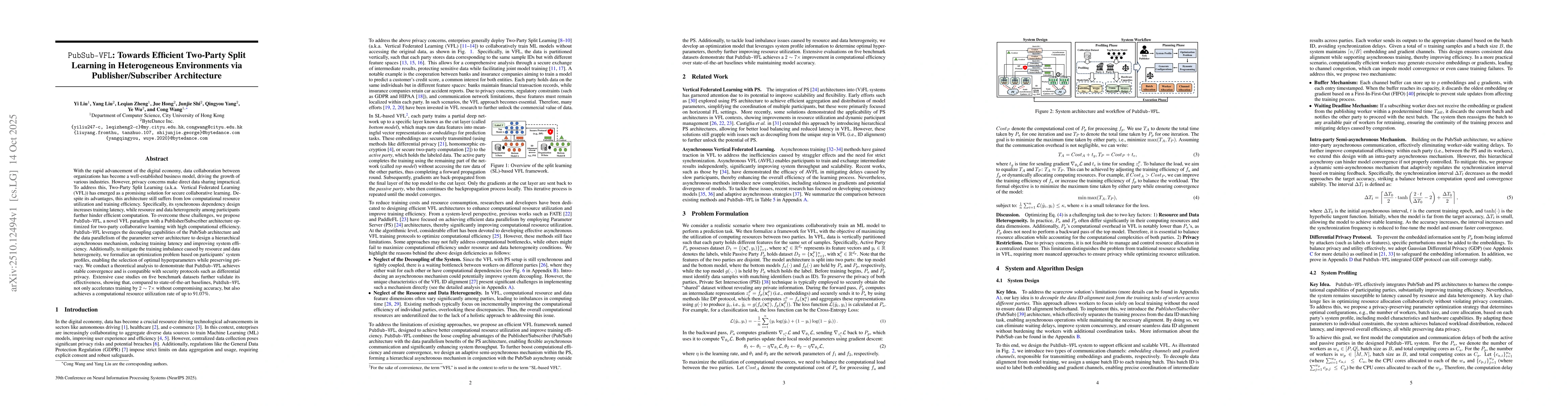 Thumbnail for PubSub-VFL: Towards Efficient Two-Party Split Learning in Heterogeneous
  Environments via Publisher/Subscriber Architecture