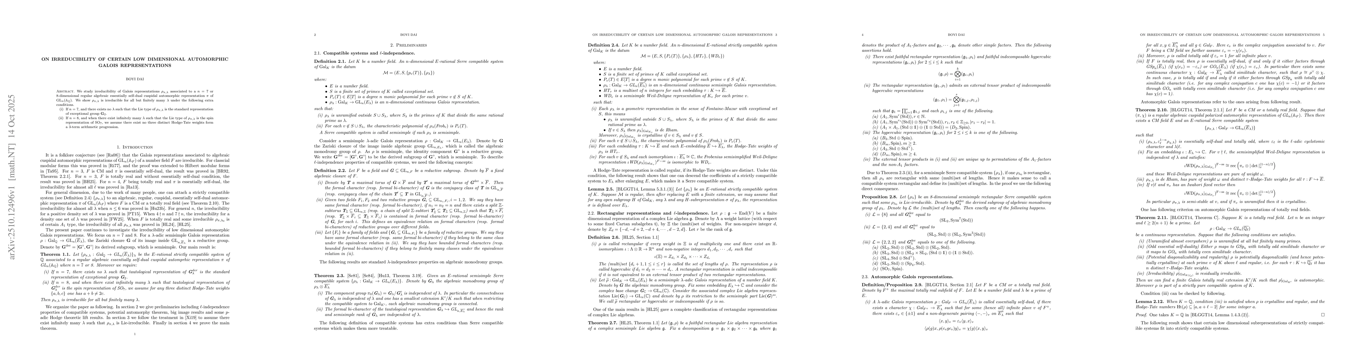 Thumbnail for On irreducibility of certain low dimensional automorphic Galois
  representations