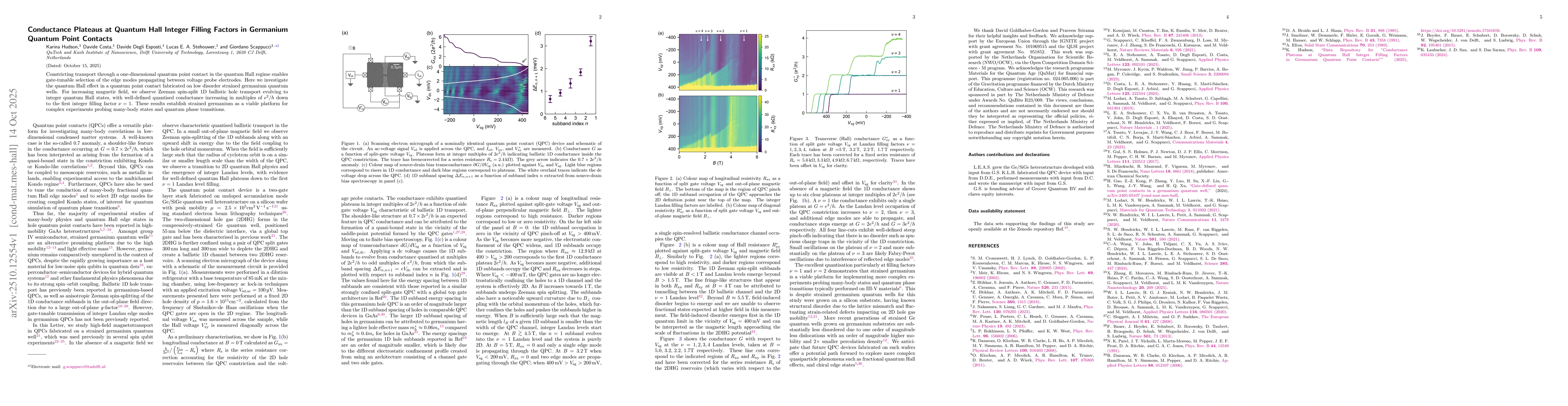 Thumbnail for Conductance Plateaus at Quantum Hall Integer Filling Factors in
  Germanium Quantum Point Contacts