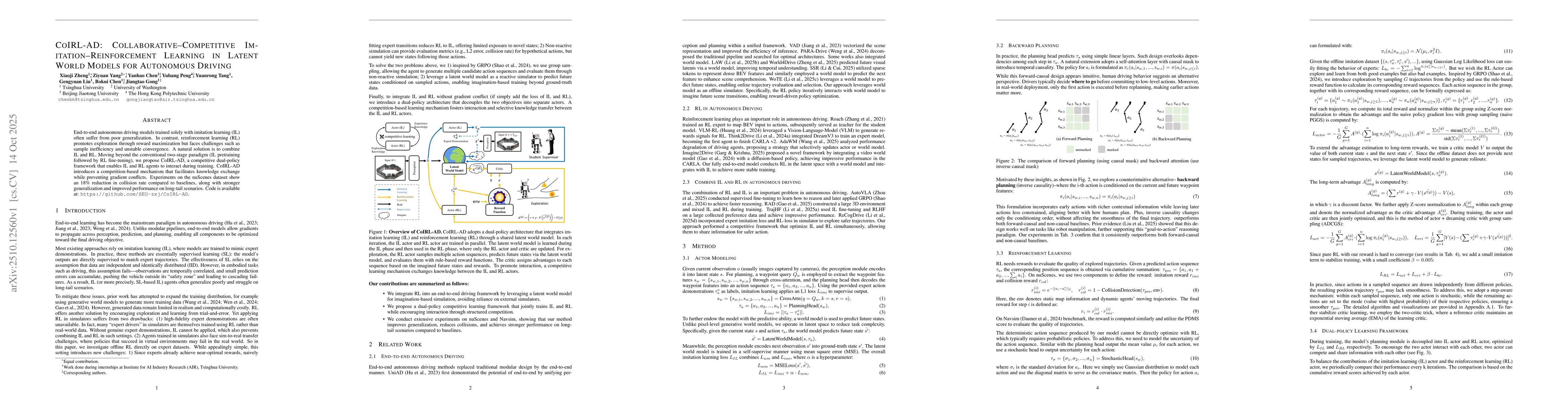 Thumbnail for CoIRL-AD: Collaborative-Competitive Imitation-Reinforcement Learning in
  Latent World Models for Autonomous Driving