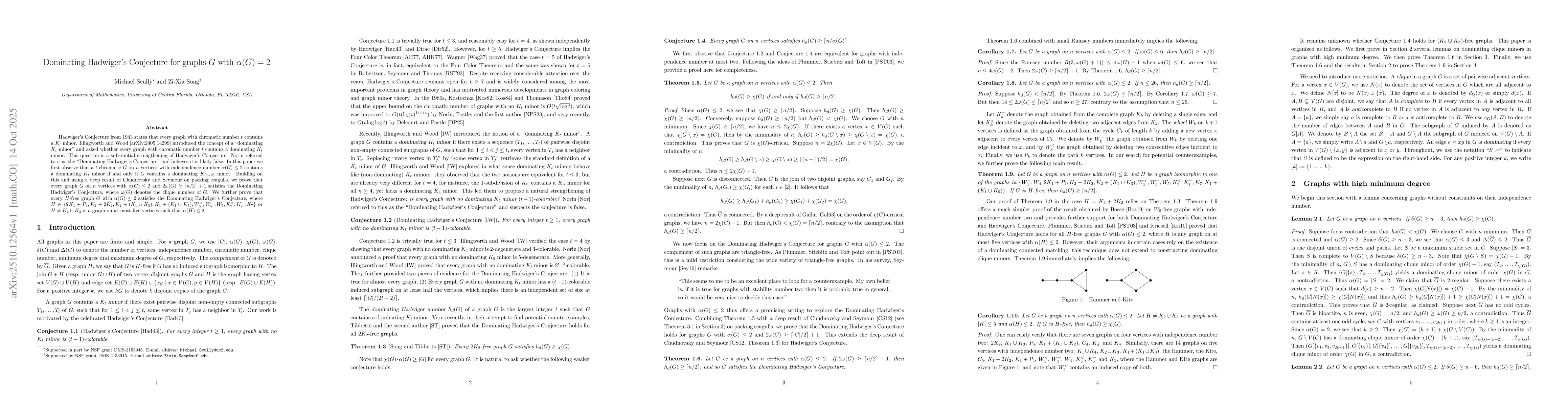 Thumbnail for Dominating Hadwiger's Conjecture for graphs $G$ with $α(G)=2$