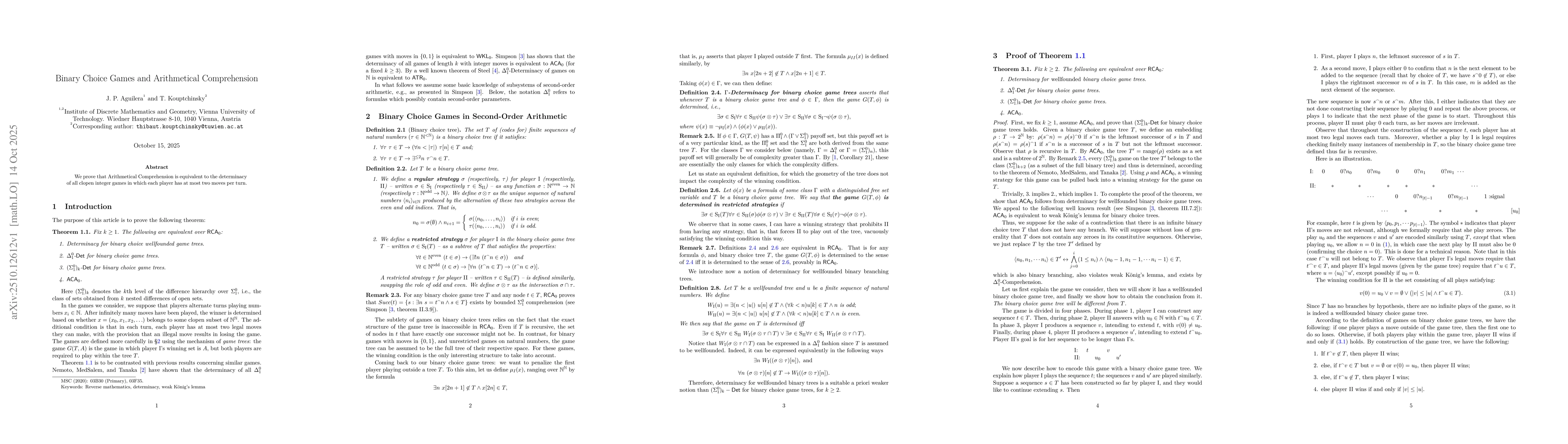 Thumbnail for Binary Choice Games and Arithmetical Comprehension