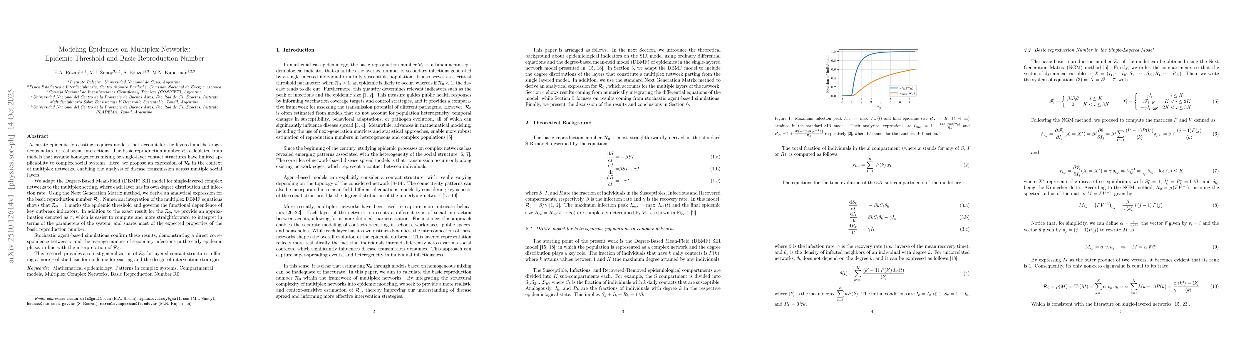 Thumbnail for Modeling Epidemics on Multiplex Networks: Epidemic Threshold and Basic
  Reproduction Number