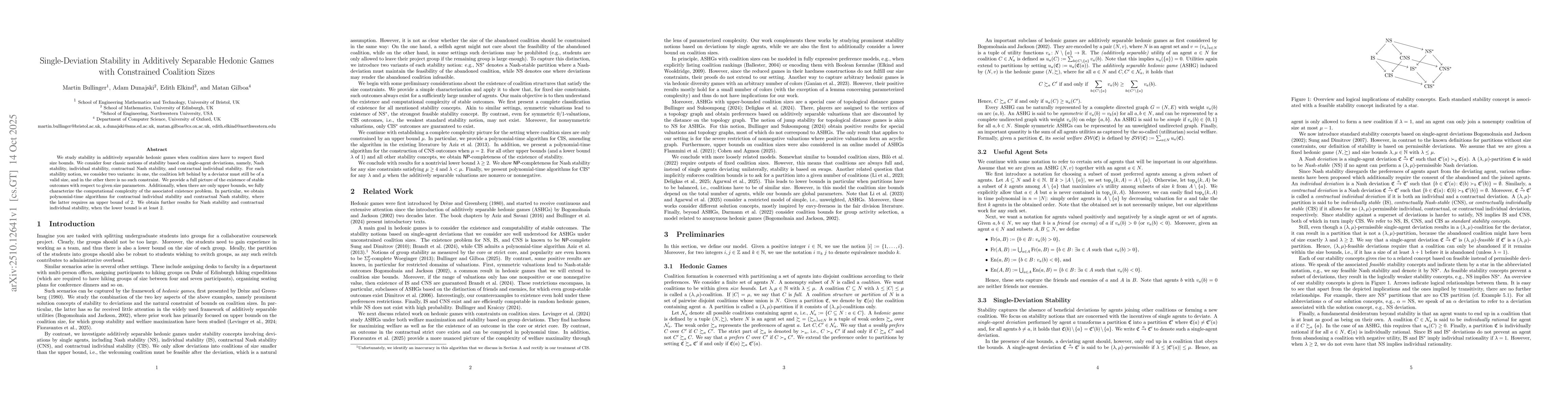 Thumbnail for Single-Deviation Stability in Additively Separable Hedonic Games with
  Constrained Coalition Sizes