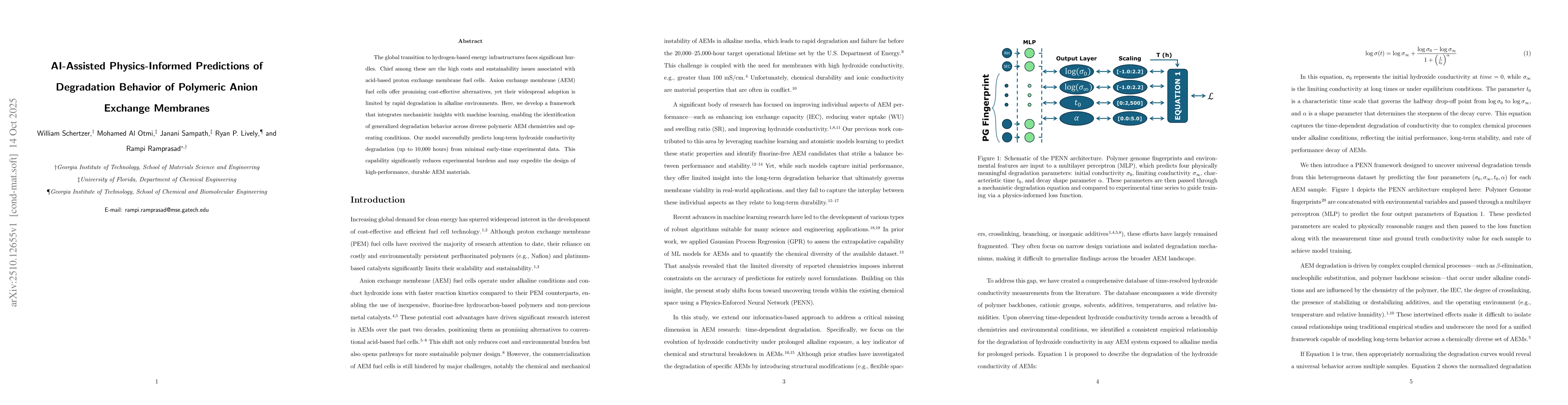 Thumbnail for AI-Assisted Physics-Informed Predictions of Degradation Behavior of
  Polymeric Anion Exchange Membranes