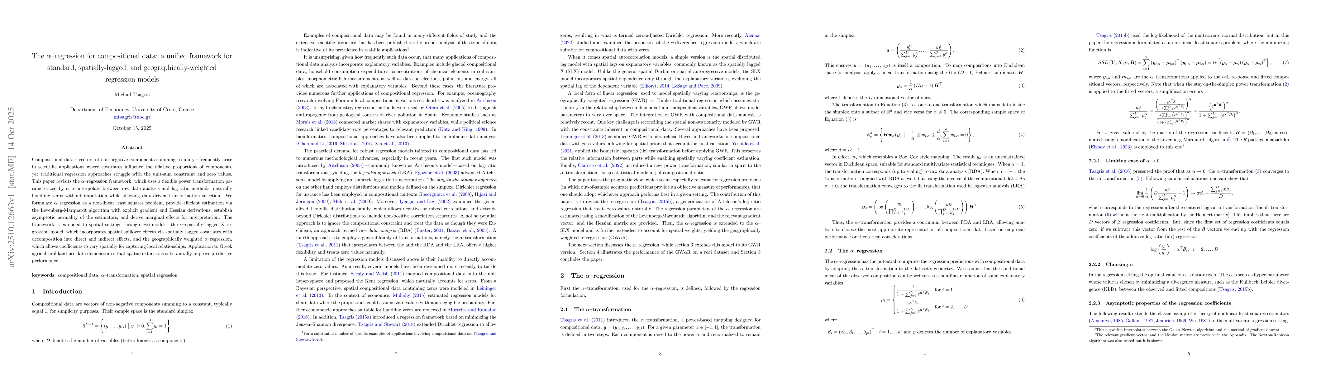 Thumbnail for The $α$--regression for compositional data: a unified framework for
  standard, spatially-lagged, and geographically-weighted regression models