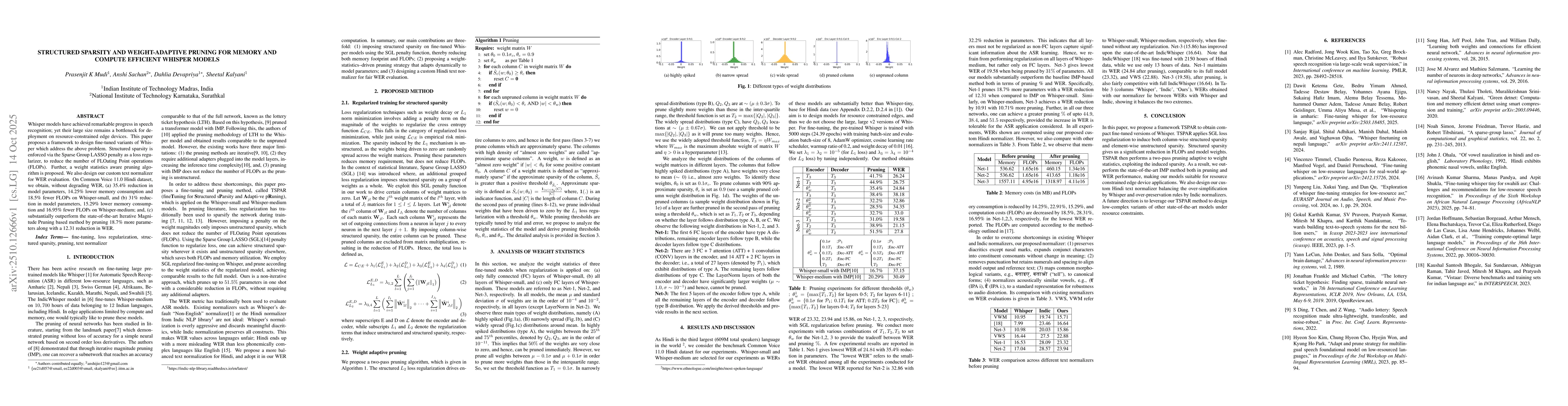 Thumbnail for Structured Sparsity and Weight-adaptive Pruning for Memory and Compute
  efficient Whisper models