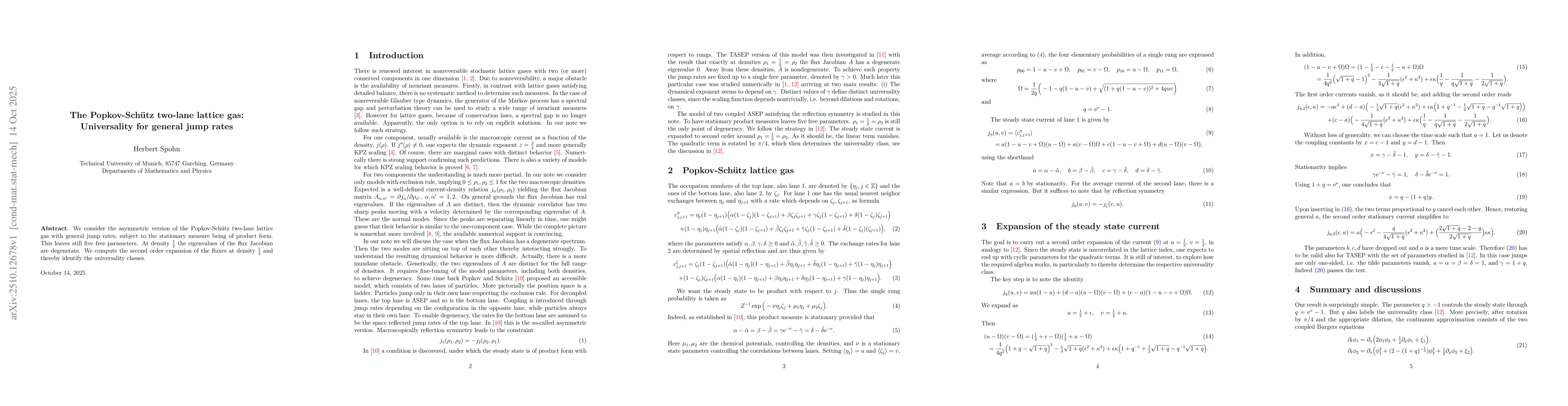Thumbnail for The Popkov-Schütz two-lane lattice gas: Universality for general
  jump rates