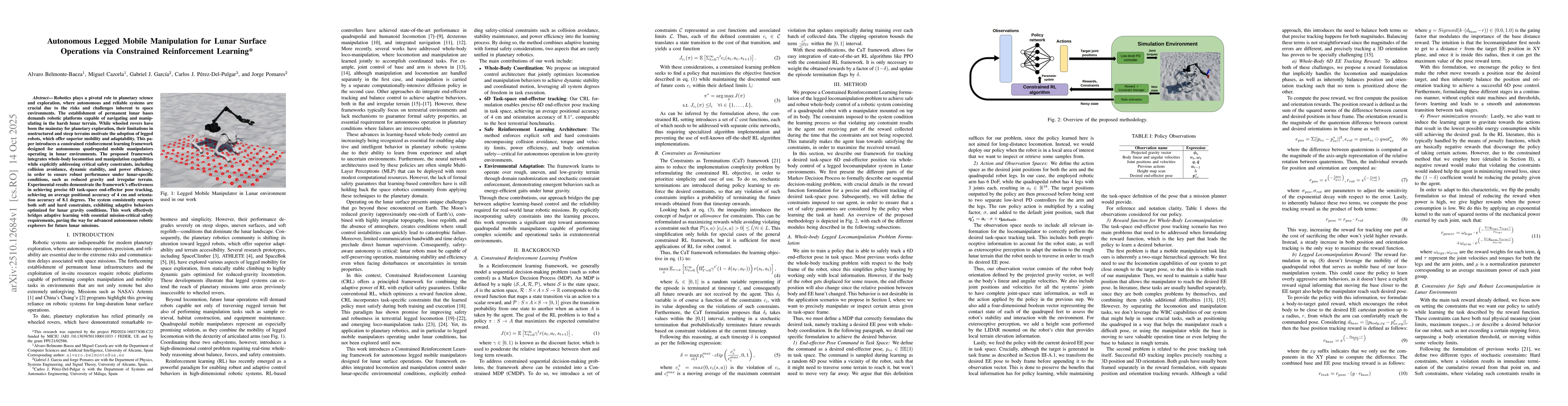 Thumbnail for Autonomous Legged Mobile Manipulation for Lunar Surface Operations via
  Constrained Reinforcement Learning