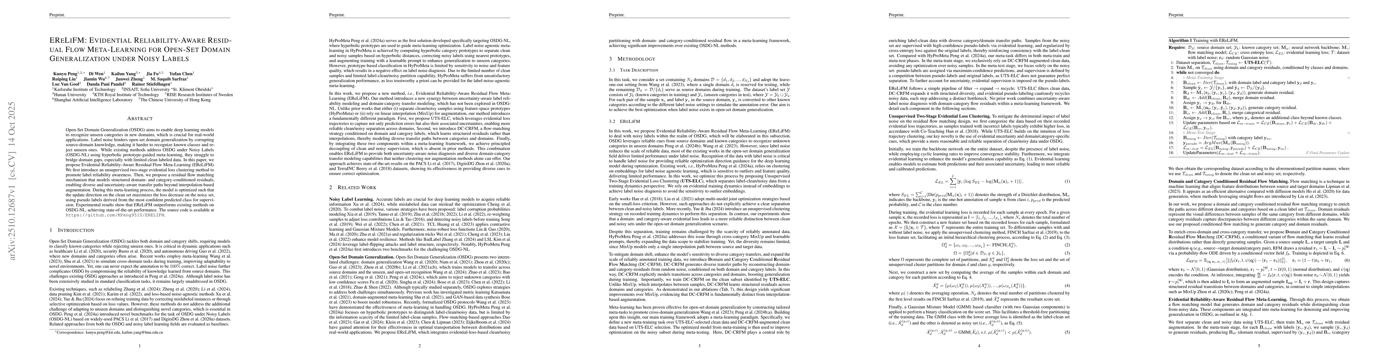 Thumbnail for EReLiFM: Evidential Reliability-Aware Residual Flow Meta-Learning for
  Open-Set Domain Generalization under Noisy Labels