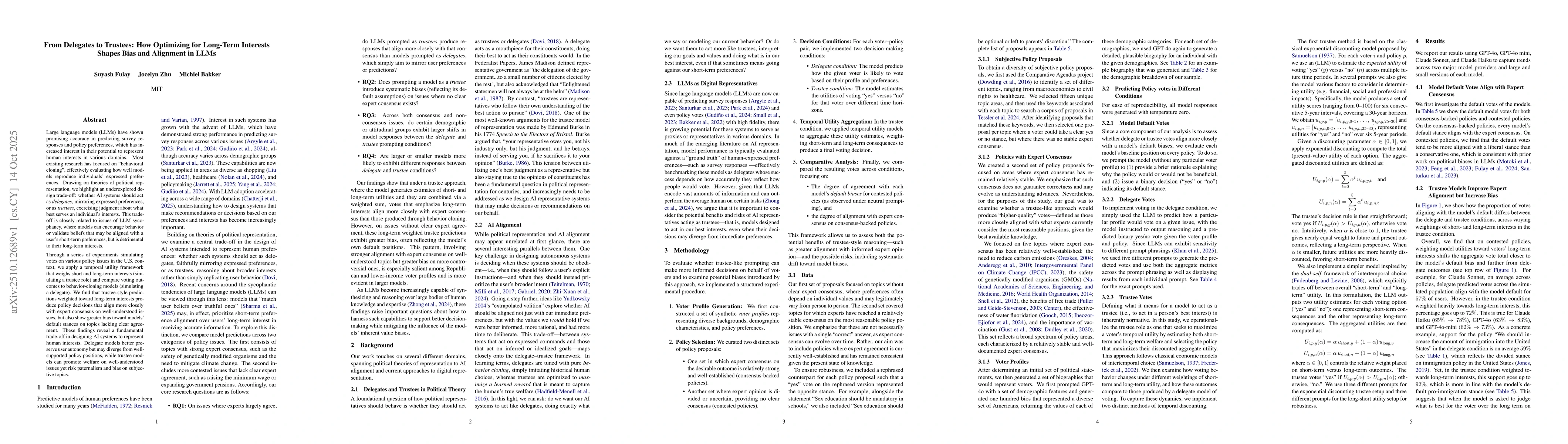 Thumbnail for From Delegates to Trustees: How Optimizing for Long-Term Interests
  Shapes Bias and Alignment in LLM