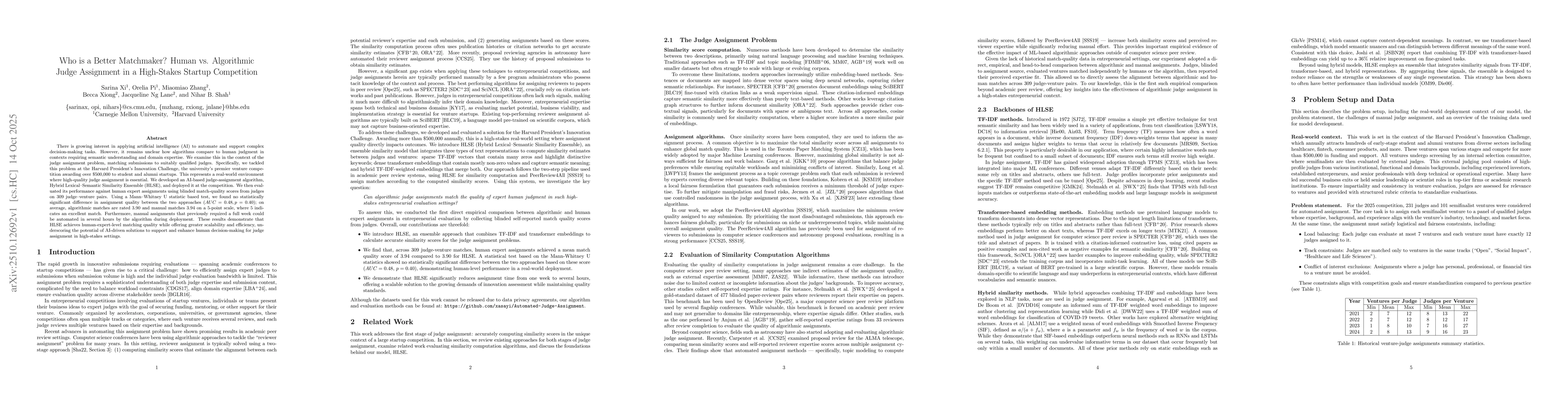 Thumbnail for Who is a Better Matchmaker? Human vs. Algorithmic Judge Assignment in a
  High-Stakes Startup Competition