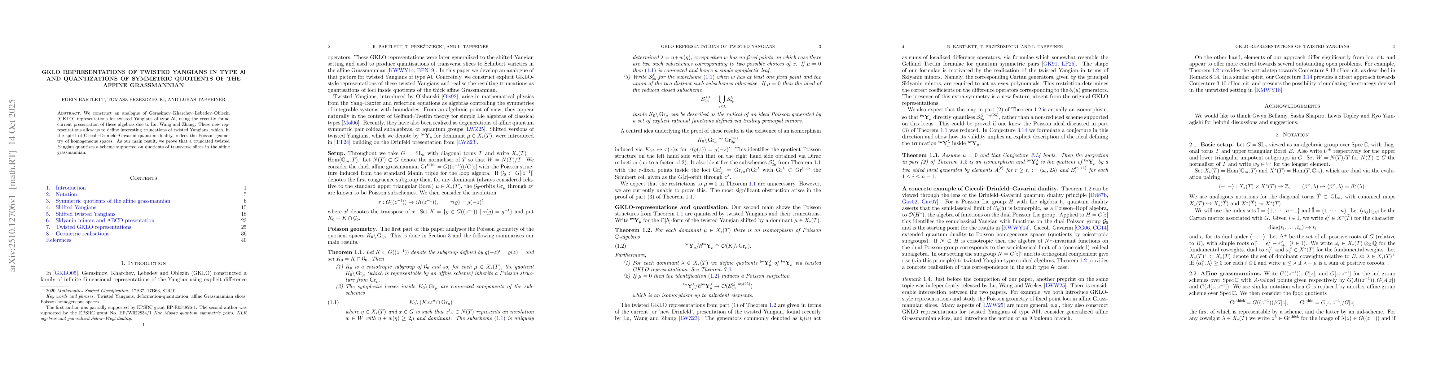 Thumbnail for GKLO representations of twisted Yangians in type $\mathsf{AI}$ and
  quantizations of symmetric quotients of the affine Grassmannian