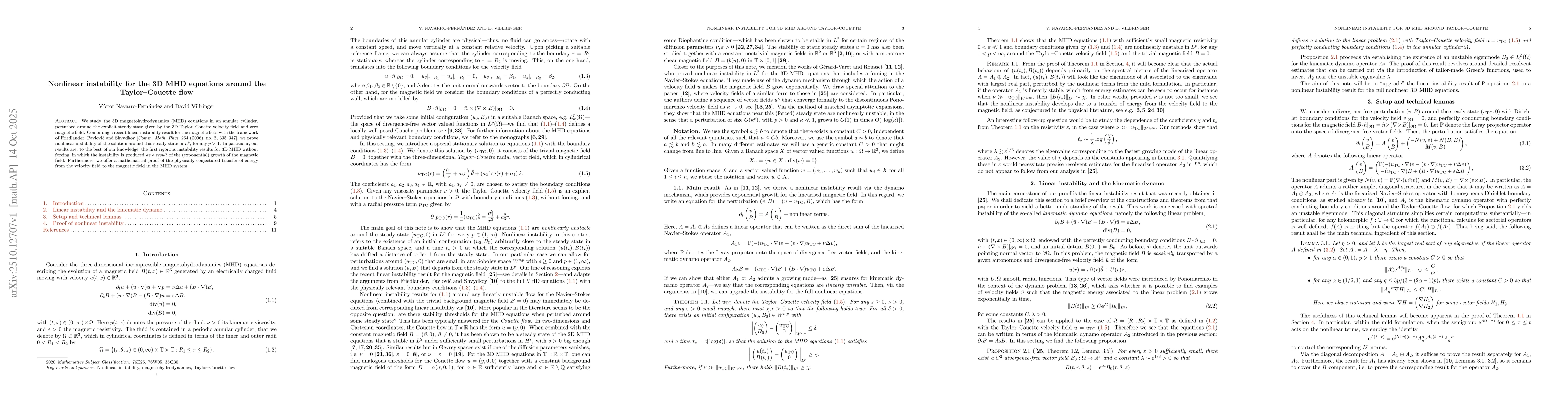 Thumbnail for Nonlinear instability for the 3D MHD equations around the Taylor-Couette
  flow