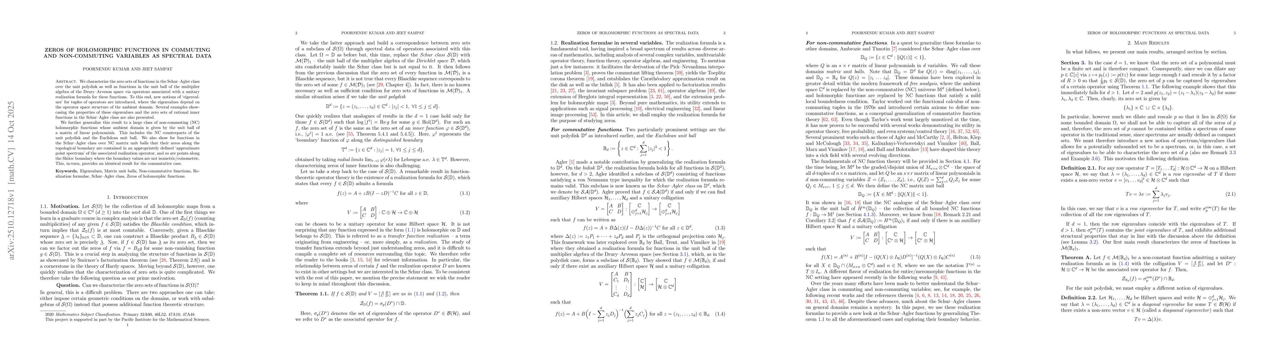 Thumbnail for Zeros of Holomorphic Functions in Commuting and Non-commuting Variables
  as Spectral Data