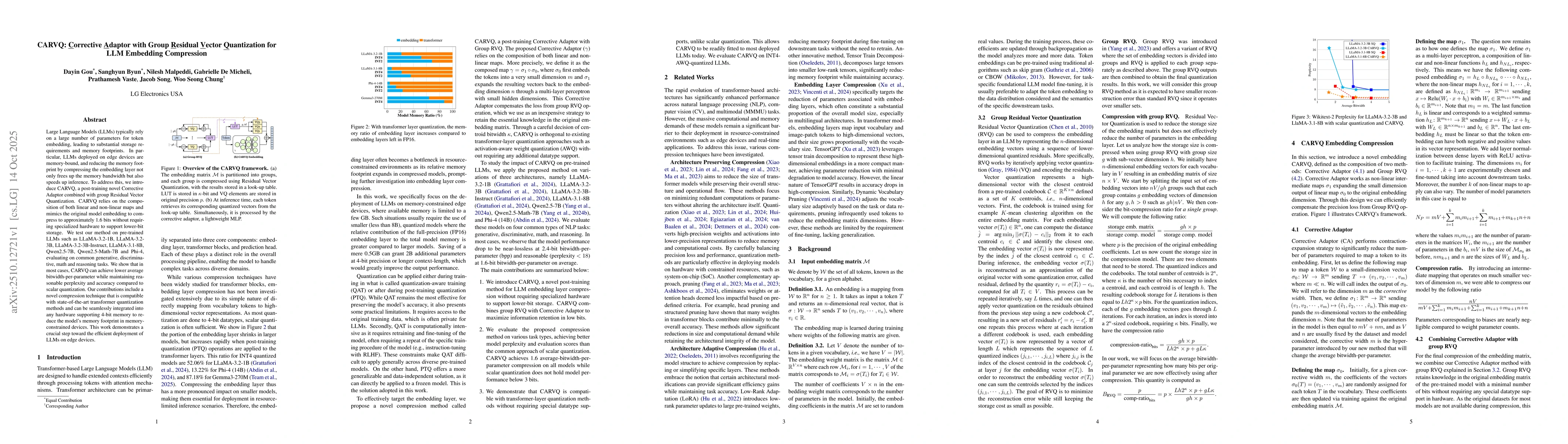 Thumbnail for CARVQ: Corrective Adaptor with Group Residual Vector Quantization for
  LLM Embedding Compression