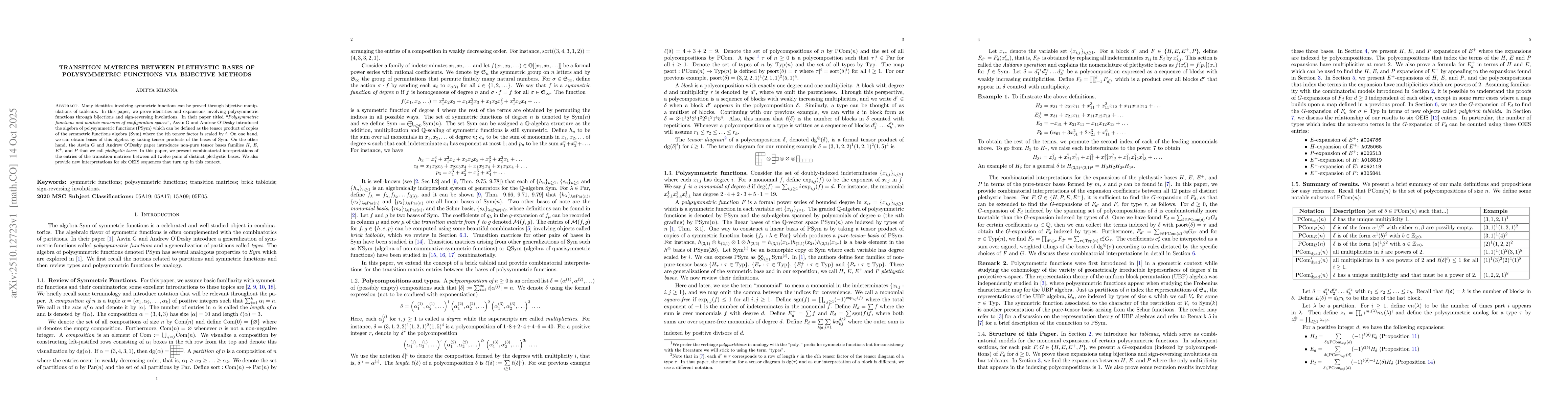 Thumbnail for Transition Matrices between Plethystic Bases of Polysymmetric Functions
  via Bijective Methods