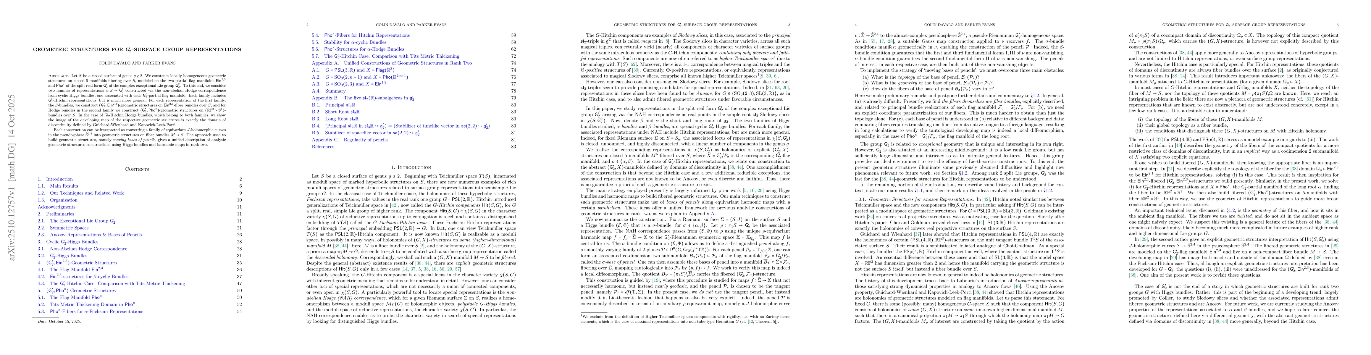 Thumbnail for Geometric Structures for $G_2'$-Surface Group Representations