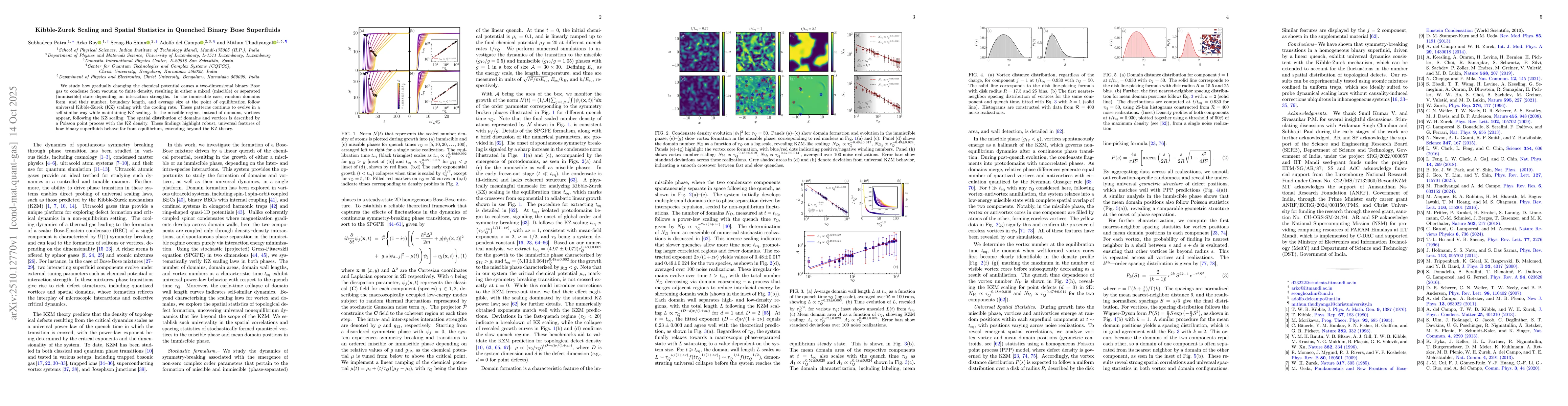 Thumbnail for Kibble-Zurek Scaling and Spatial Statistics in Quenched Binary Bose
  Superfluids
