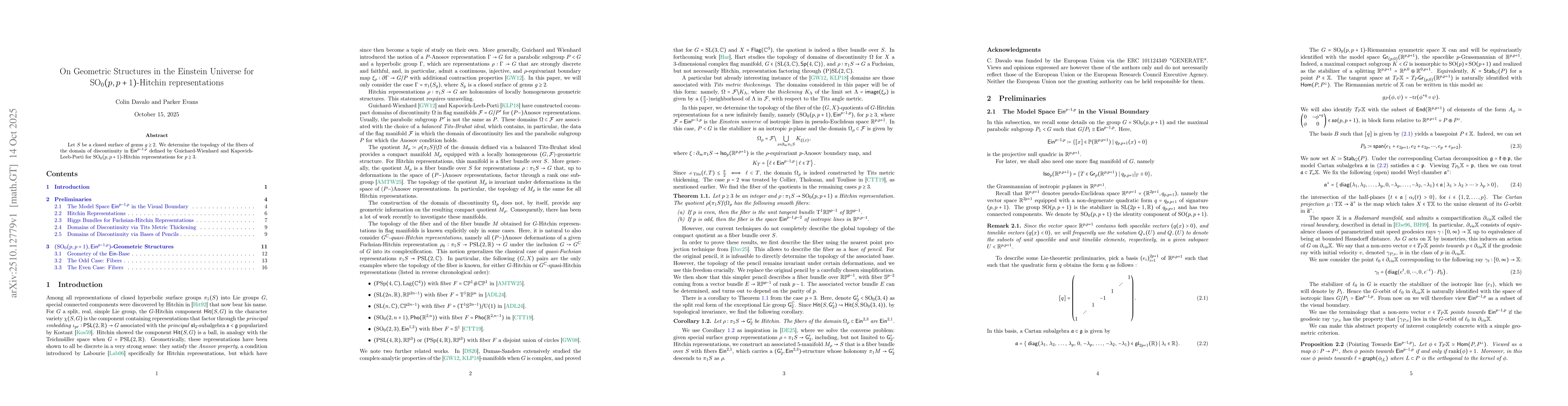 Thumbnail for On Geometric Structures in the Einstein Universe for
  $\mathrm{SO}_0(p,p+1)$-Hitchin Representations