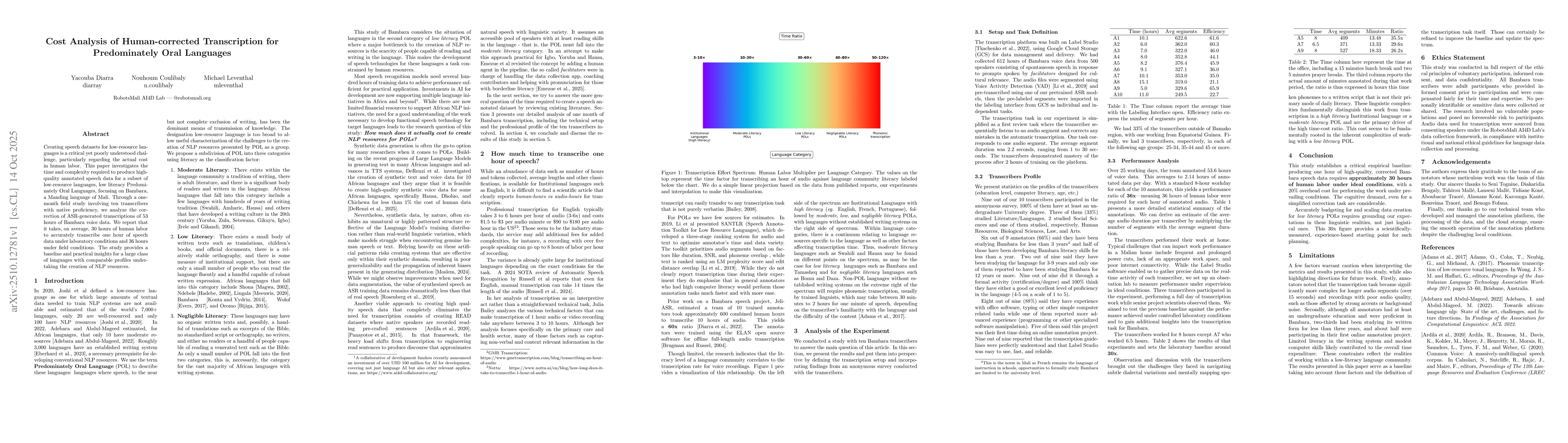 Thumbnail for Cost Analysis of Human-corrected Transcription for Predominately Oral
  Languages