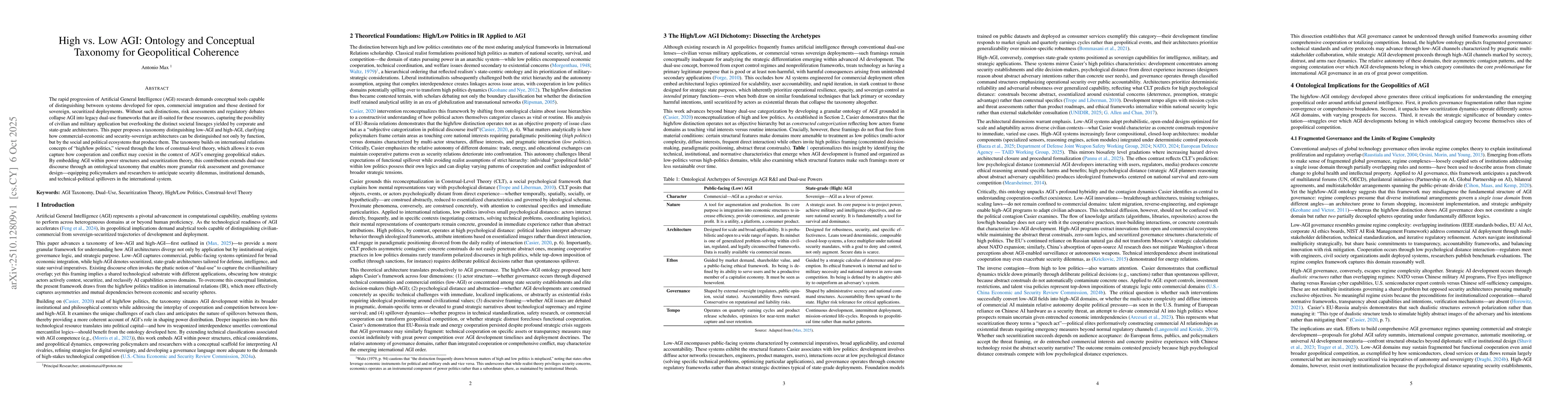 Thumbnail for High vs. Low AGI: Ontology and Conceptual Taxonomy for Geopolitical
  Coherence