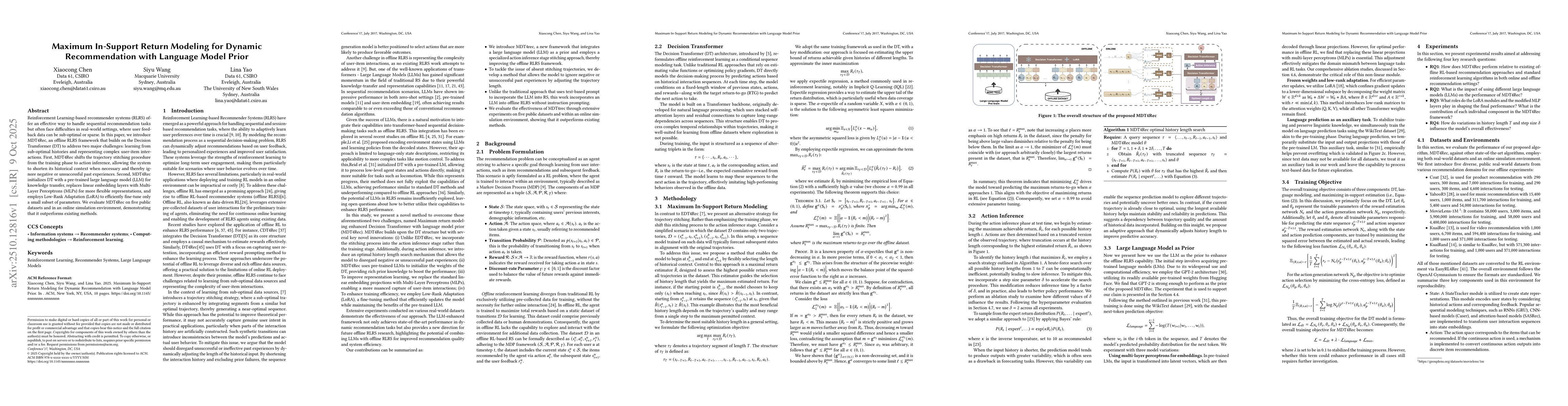 Thumbnail for Maximum In-Support Return Modeling for Dynamic Recommendation with
  Language Model Prior