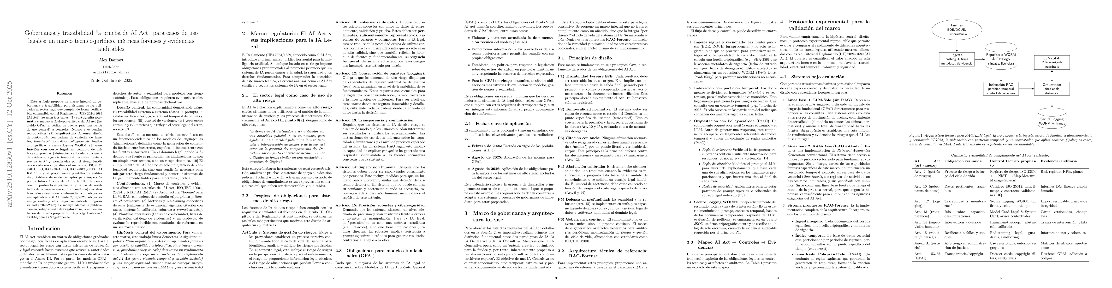 Thumbnail for Gobernanza y trazabilidad "a prueba de AI Act" para casos de uso
  legales: un marco técnico-jurídico, métricas forenses y evidencias
  auditables