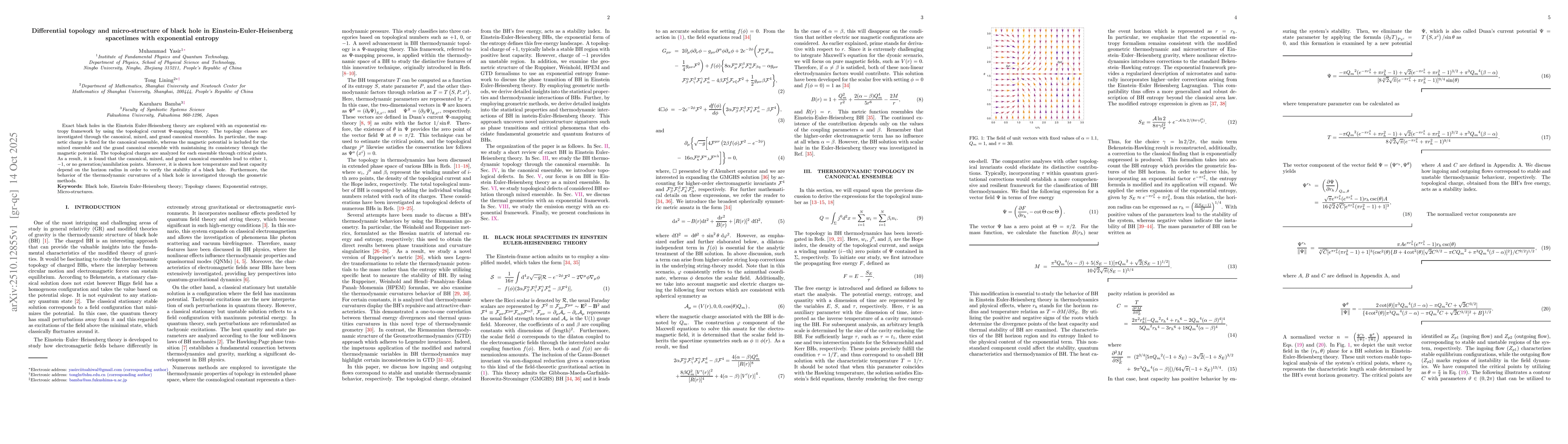 Thumbnail for Differential topology and micro-structure of black hole in
  Einstein-Euler-Heisenberg spacetimes with exponential entropy